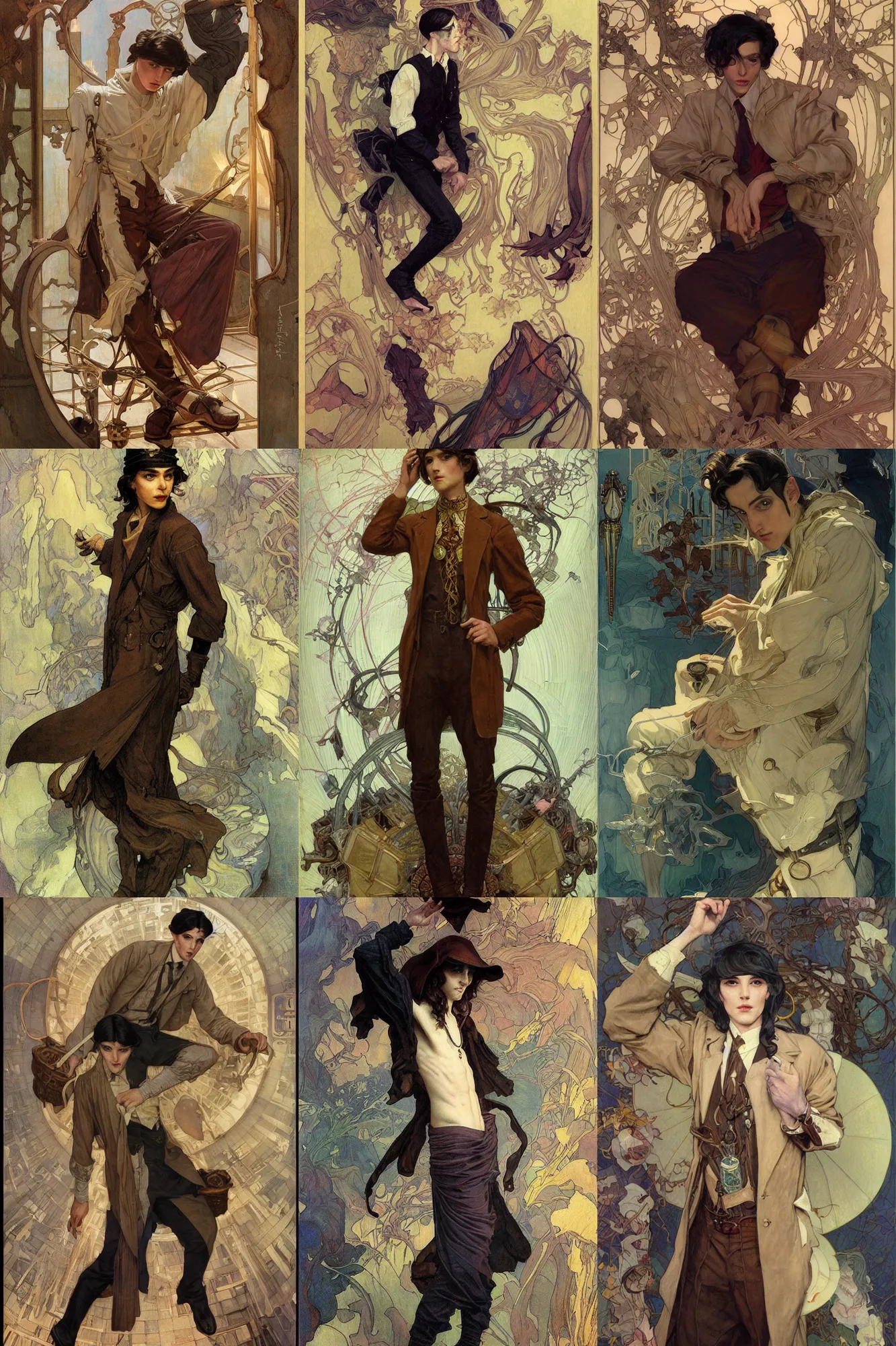 Prompt: thin young male alchemist, long dark hair, 1 9 2 0 s fashion, art by joseph leyendecker, donato giancola, ruan jia, marc simonetti, peter mohrbacher, ayami kojima, cedric peyravernay, alphonse mucha, victo ngai