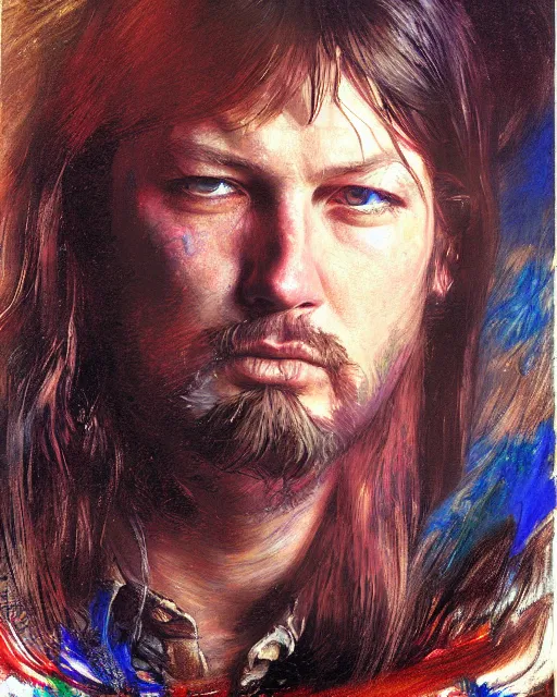 Prompt: david gilmour age 3 2 looking down dramatic expression, psychedelic plein air portrait painting by richard schmid, thomas moran, john william waterhouse, studio ghibli, donato giancola,