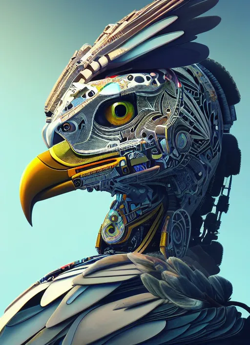 Image similar to symmetry!! portrait of a hybrid robot bird eagle, floral! horizon zero dawn machine, intricate, elegant, highly detailed, ray tracing, digital painting, artstation, concept art, smooth, sharp focus, illustration, art by artgerm and greg rutkowski and alphonse mucha, 8 k