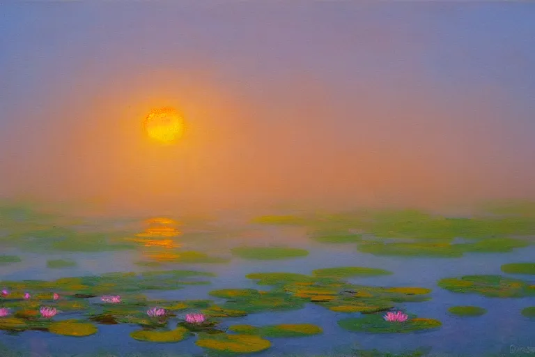 Prompt: impressionism painting of a pond of water lily on a foggy morning, sun low on horizon through skyscraper, soft light, misty