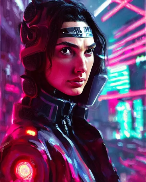 Image similar to detailed side profile portrait Gal Gadot, cyberpunk futuristic neon, reflective puffy coat, decorated with traditional Japanese ornaments by Ismail inceoglu dragan bibin hans thoma greg rutkowski Alexandros Pyromallis Nekro Rene Maritte Illustrated, Perfect face, fine details, realistic shaded, fine-face, pretty face