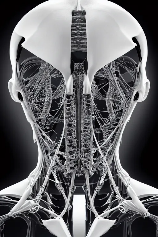 Prompt: symmetry!! beautiful cybernetic android craniun closeup + spinal cord cables, medical anatomy, based on elysium movie, very symmetrical exoskeleton hydraulic valve, rectilinear robotic muscular transmission derailleur with curvy muscular back view neck muscles in the black crystal cube, cinematic photo, by vitaly bulgarov