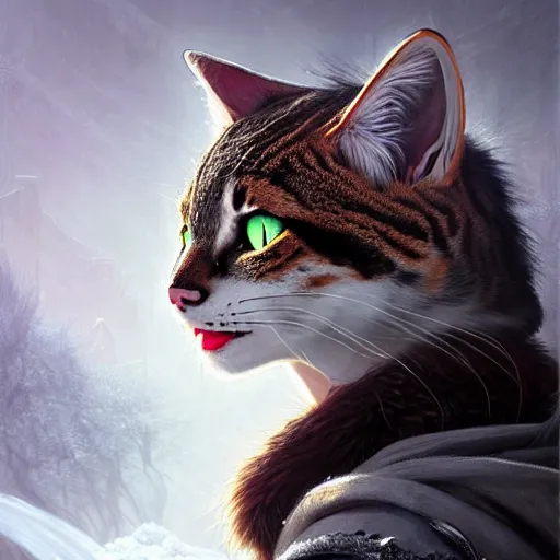 Prompt: portrait painting of a punk tabaxi bard with green eyes and snow white fur, ultra realistic, concept art, intricate details, eerie, highly detailed, photorealistic, octane render, 8 k, unreal engine. art by artgerm and greg rutkowski and charlie bowater and magali villeneuve and alphonse mucha