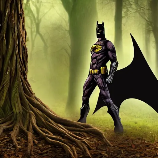 Image similar to batman meets groot in the woods digital art 4 k detailed super realistic