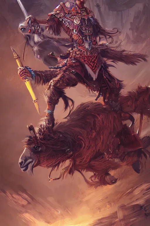 Prompt: Hyperdetailed masterpiece concept art of Llama warrior of the Incas hyperdetailed concept art by Ross Tran, high quality DnD illustration, trending on ArtStation, all rights reserved Wizards of the Coast.