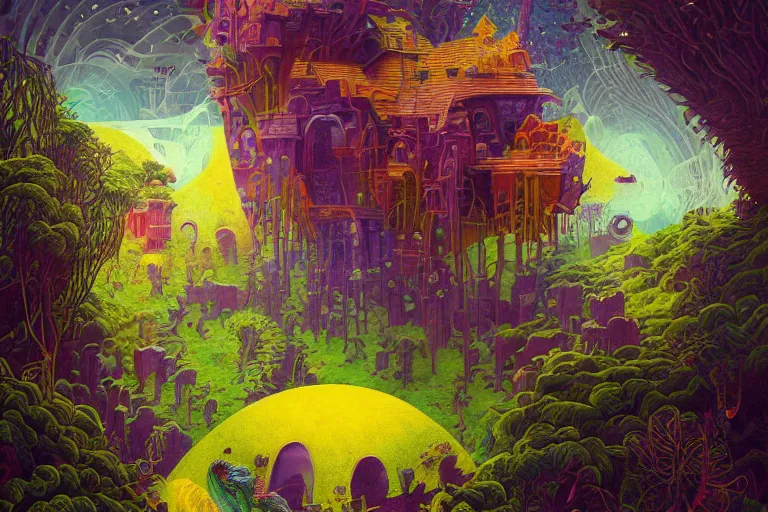 Prompt: a peculiar, beautiful dreamscape with strange inhabitants | | strange dwellings | | colorful, organic painting by max masnyy, jakub gazmercik, beeple, patrick faulwetter, heavenlydaemonic, and mc escher, surrealism, trending on artstation