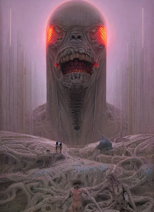 Image similar to Portrait of a behemoth, neon, they are watching, RGB, glowing wires everywhere, pristine, by Edgar Maxence and Ross Tran, Zdzisław Beksiński, and Michael Whelan, distant, gustav dore, H.R. Giger, 8k, octane render