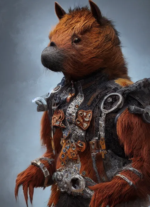 Prompt: detailed full body concept art illustration dark oil painting of an anthropomorphic capybara cowboy in full intricate clothing, biomutant, ultra detailed, digital art, octane render, 4K