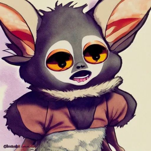 Image similar to Gizmo Mogwai from Gremlins in cute anime, by Ghibli, trendy on artstation