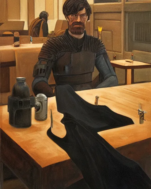 Image similar to rhett sarlin sitting at a table in a cantina on tatooine, long black hair, black leather vest, portrait by ralph mcquarrie