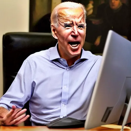 Image similar to Joe Biden yelling at AI art on his computer.