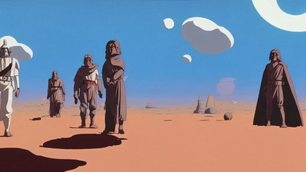 Image similar to promotional still tatooine landscape Star Wars a new hope 1977 studio ghibli Miyazaki animation highly detailed 70mm