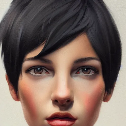 Prompt: portrait of beautiful woman, black short hair, by nick silva, ja mong, greg rutkowsky, digital, soft painting, photorealism