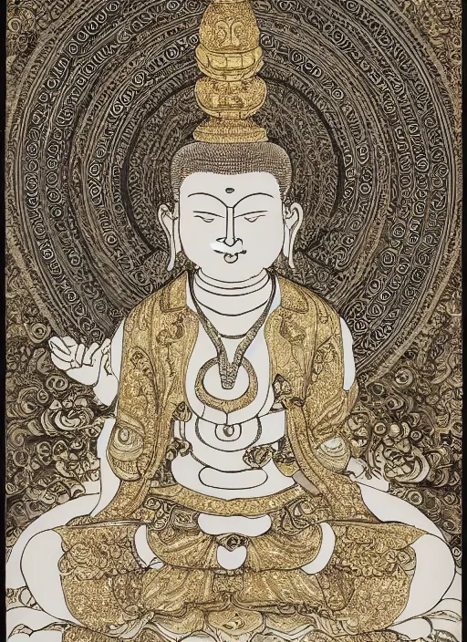 Image similar to detailed pen and ink illustration of a Buddhist bodhisattva with a bears head, anthropomorphic, seated in royal ease, 0.2 black micron pen on white paper, gilded gold halo behind head, highly detailed, fine pen work, white background, in the style of Olivia Kemp
