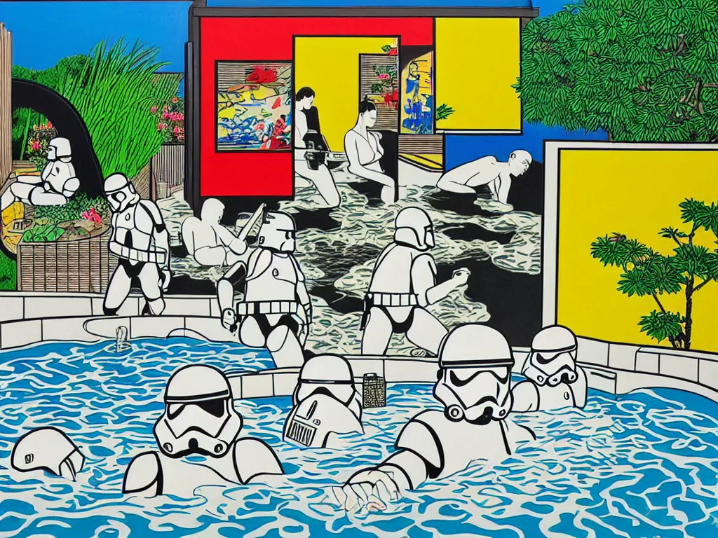 Image similar to hyperrealism composition of the japanese house with a hot springs in the garden, two detailed stormtroopers bathe in a hot spring, pop - art style, jacky tsai style, andy warhol style, roy lichtenstein style, round canvas, acrylic on canvas