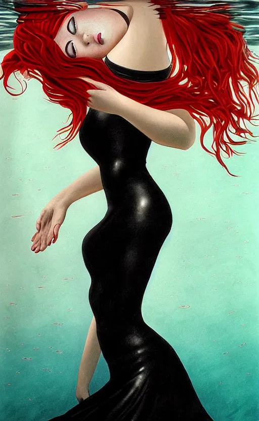 Prompt: portrait of a girl with long red hair in a black dress, under water, very beautiful style, girl wrapped in leather salafan bag black, photorealism george copeland ault