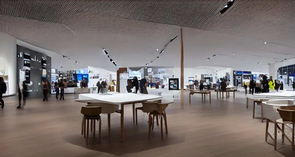 Image similar to A flagship Samsung store. black walls. timber floor. high ceilings with spots. wood furniture with large digital screen. display tables with phones and tablets, pots with plants, digital screens on the walls, Architectural photography. 14mm. High Res 8K. award winning architectural design, inspired by Arne Jacobsen, Niels Otto Møller, Verner Panton, Scandinavian Design, Retaildesignblog.net, warm and happy, inviting