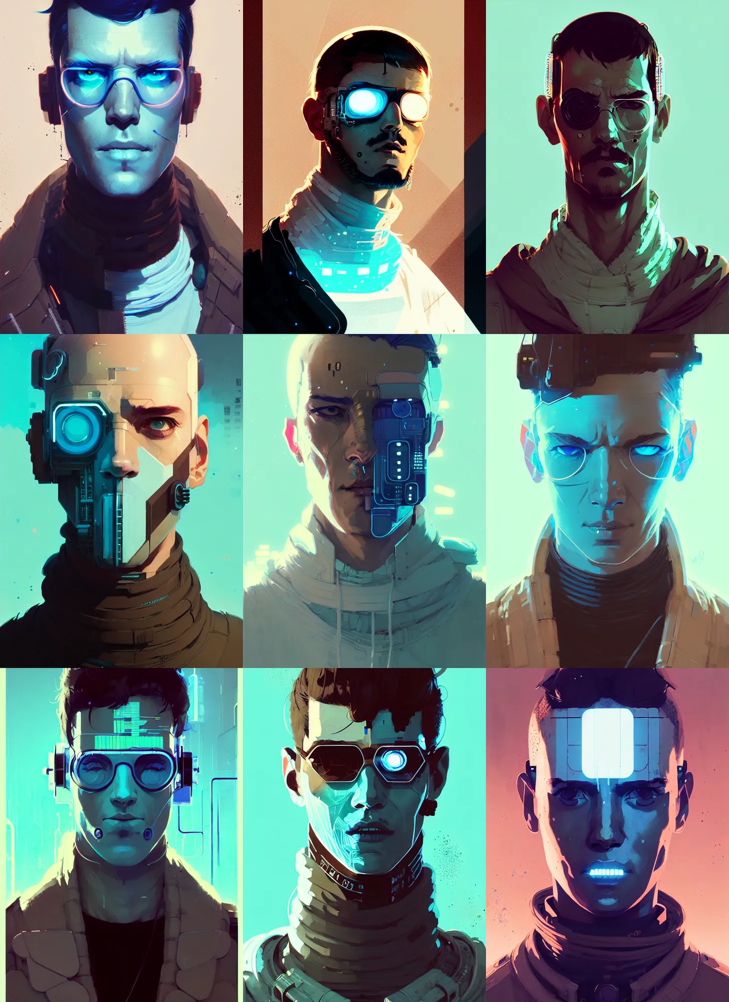Prompt: highly detailed portrait cyberpunk man, by atey ghailan, by greg rutkowski, by greg tocchini, by james gilleard, by joe fenton, by kaethe butcher, gradient light blue, brown, blonde cream and white color scheme, grunge aesthetic