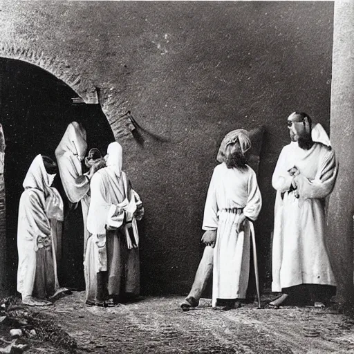 Prompt: worshippers dressed in robes belonging to the cult of the windmill. Dilapidated 1800s windmill. 1800s photo. Very detailed and clear image.