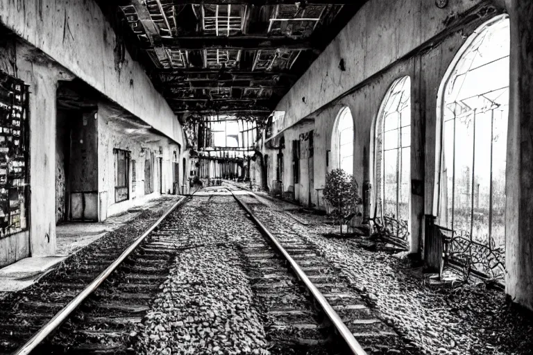 Image similar to vintage photograph of an abandoned railway station, 35 mm lens, shot on film, trending on 500px