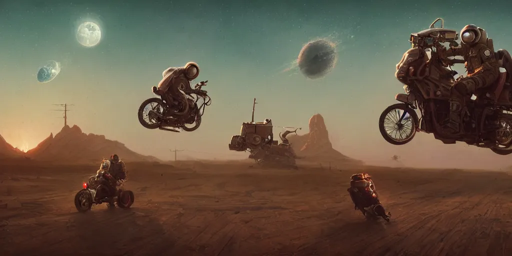 Prompt: american astronaut driving a motorcycle in moon, tribe members chasing, action scene, an epic fantasy, dramatic lighting, cinematic, establishing shot, extremely high detail, photorealistic, cinematic lighting, artstation, octane render, by simon stalenhag, horizon forbidden west