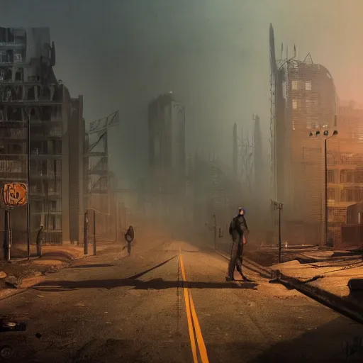 Image similar to fallout concert art, design book, new wasteland scene in plain daylight, fog, smoke, heat around, city furniture, road blocks, acid rain ongoing, very high resolution, detailed, 4 k