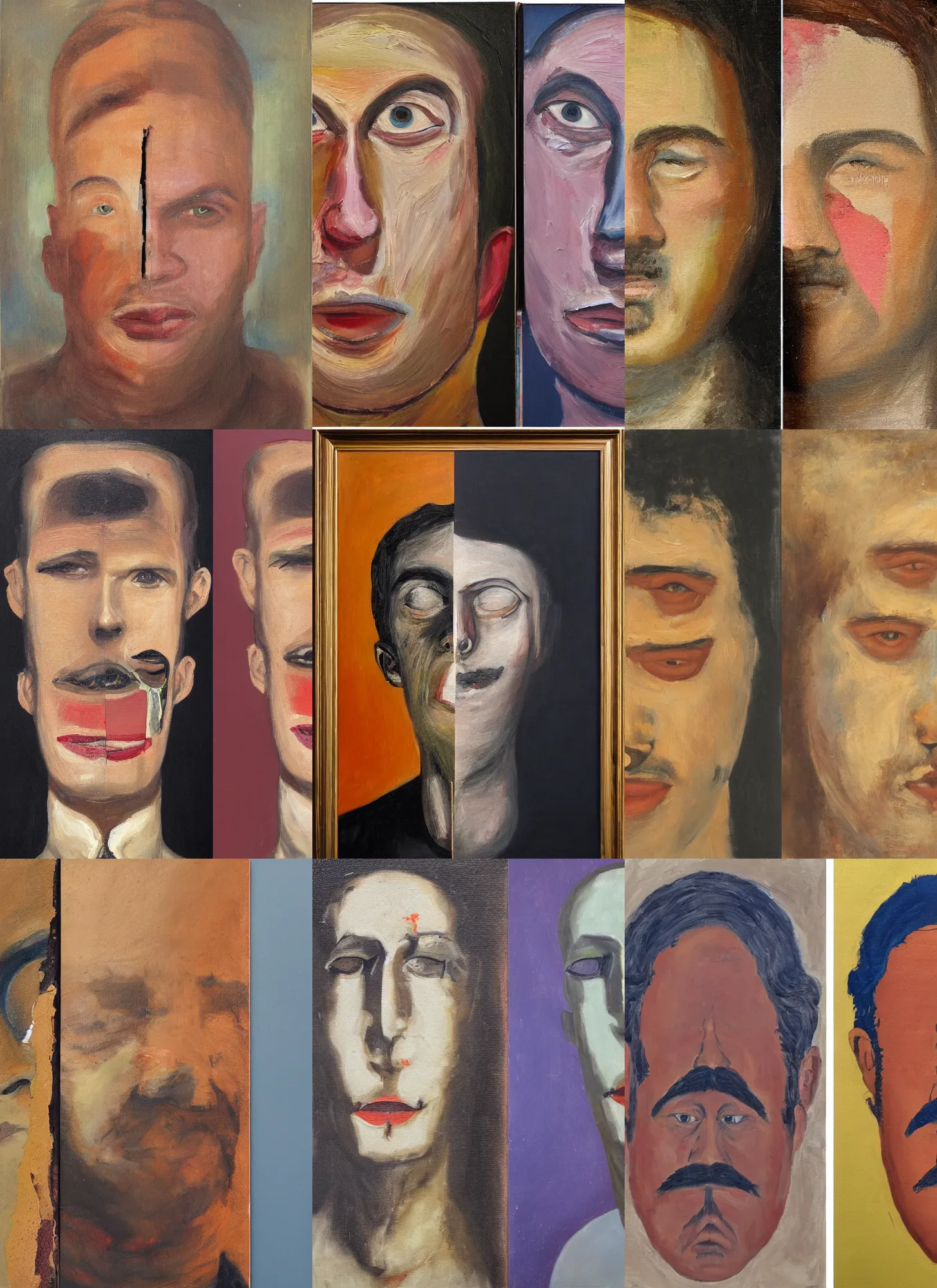 Prompt: a painting split in half from the middle showing a man's face before and after