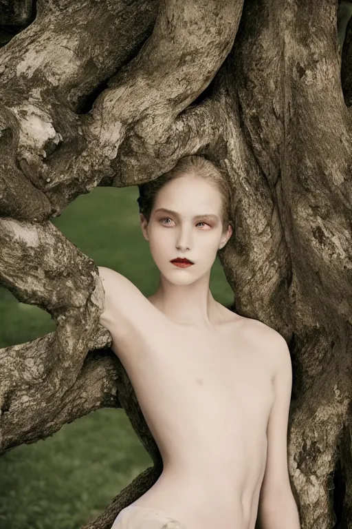 Image similar to medium full shot of beautiful girl leaning her back to lush tree by monia merlo featured in vogue and gq editorial fashion photography, beautiful eye, symmetry face, haute couture dressed by givenchy and salvatore ferragamo