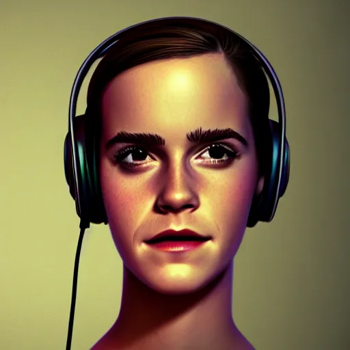 Prompt: synthwave emma watson wearing headphones, animated, trending on artstation, portrait