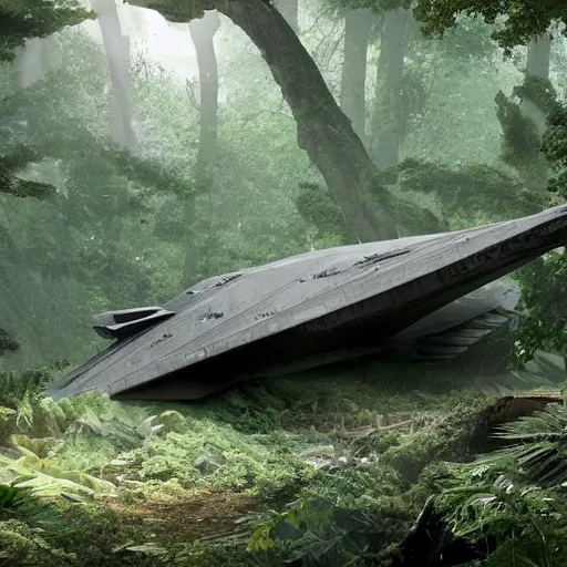 Image similar to a star destroyer from star wars crashed in a jungle, photorealistic