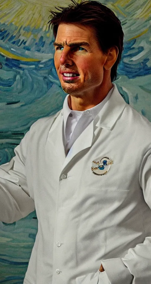 Prompt: Tom Cruise in white lab coat by Van Gogh