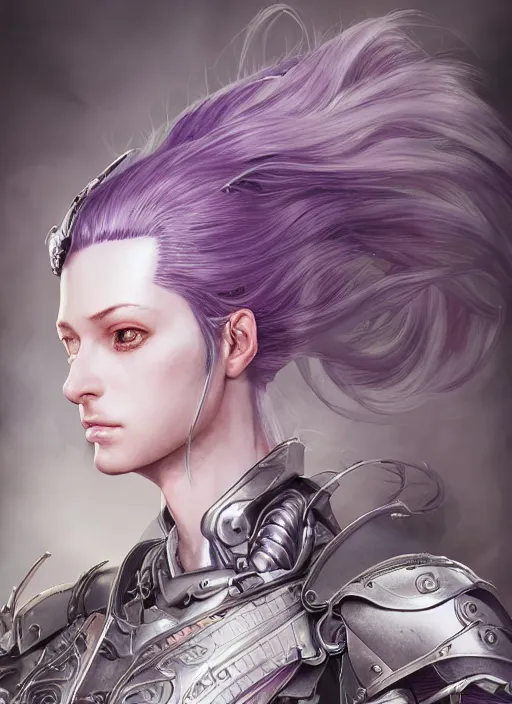 Image similar to close up portrait of a pale woman in bionic armor with purple ponytail hair, elegant, stoic, intense, sylvanas, ultrafine hyperdetailed illustration by kim jung gi, irakli nadar, intricate linework, sharp focus, octopath traveler, yoji shinkawa, highly rendered, global illumination, radiant light, detailed, intricate environment