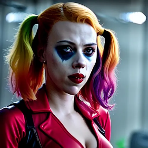 Prompt: film still of Scarlett Johansson as Harley Quinn in the new Joker movie