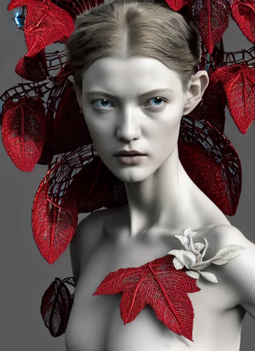 Image similar to complex 3d render ultra detailed of a beautiful porcelain profile young woman face, mechanical cyborg, 200 mm lens, beautiful studio soft light, rim light, silver gold red details, magnolia big leaves and stems, roots, fine foliage lace, mesh wire, Alexander Mcqueen high fashion haute couture, art nouveau fashion embroidered, intricate details, hyper realistic, ultra detailed, mandelbrot fractal, anatomical, facial muscles, cable wires, microchip, elegant, octane render, H.R. Giger style, 8k post-production