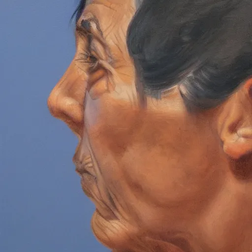 Prompt: profile portrait in peruvian realist style ( 1 9 5 4 ), prussian blue, burnt sienna, payne's grey, modeled lighting, detailed, expressive, shadows