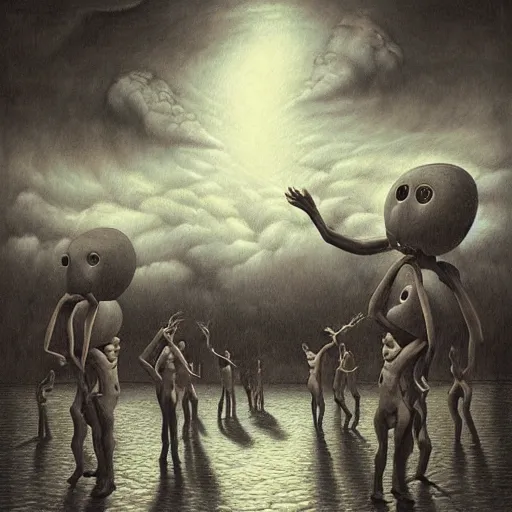 Image similar to a hyperrealistic painting of the dancers at the end of time, stormy skies, vivid color, by john kenn mortensen, highly detailed,