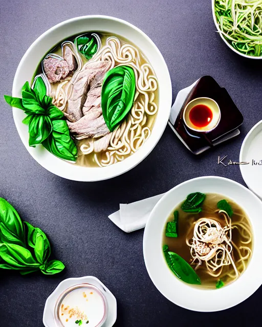 Image similar to realistic photo of delicious pho, ramen, bowl, white kitchen table, ( cloth ), marble, thai basil, highly detailed, by louise lister, sara ali, mary devinat, kailee mandel, masterpiece, award winning, food photography