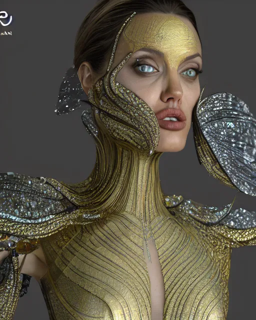 Image similar to a highly detailed metahuman 8 k close up render of angelina jolie renaissance in iris van herpen dress schiaparelli in diamonds crystals swarovski and jewelry iridescent in style of alphonse mucha gustav klimt trending on artstation made in unreal engine 4