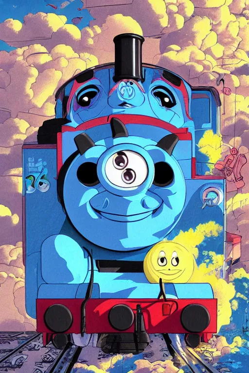 Image similar to concept art painting of a demonic thomas the tank engine, artgerm, moebius, inio asano, toon shading, cel shading, calm, tranquil, vaporwave colors,