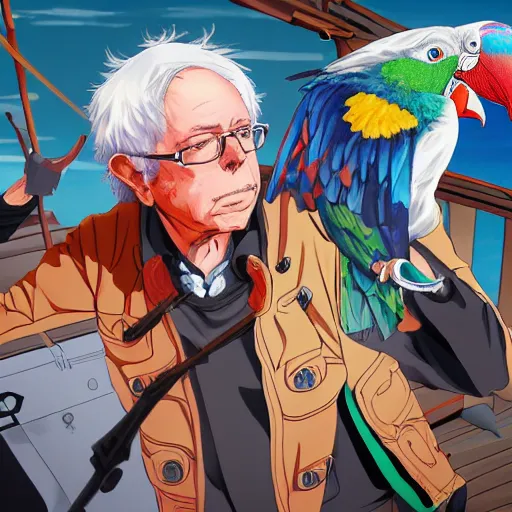 Prompt: bernie sanders as a shonen protagonist standing on the deck of a pirate ship, eye patch, colorful parrot, anime style, intricate, highly detailed, digital painting, artstation, concept art, 4 k