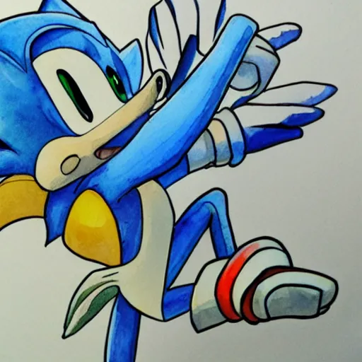 Prompt: a watercolor sonic the hedgehog, loose watercolor drawing, surrealist ripples