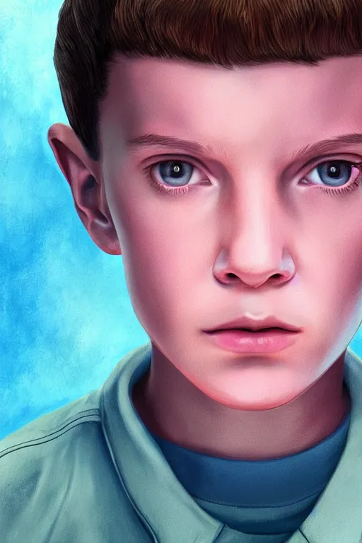 Image similar to a beautiful digital portrait painting of eleven from stranger things, by Ross draws. Volumetric light. Strong keylight.