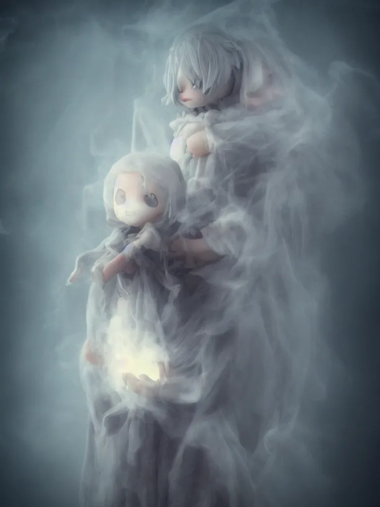 Image similar to cute fumo plush of a cursed frail witch girl held tight in the arms of a translucent ghost mother, hugging and cradling, anime, eerie pretty melting volumetric smoke and fog, dark environment map pbr reflective stormy water, gothic maiden, bokeh, vignette, vray