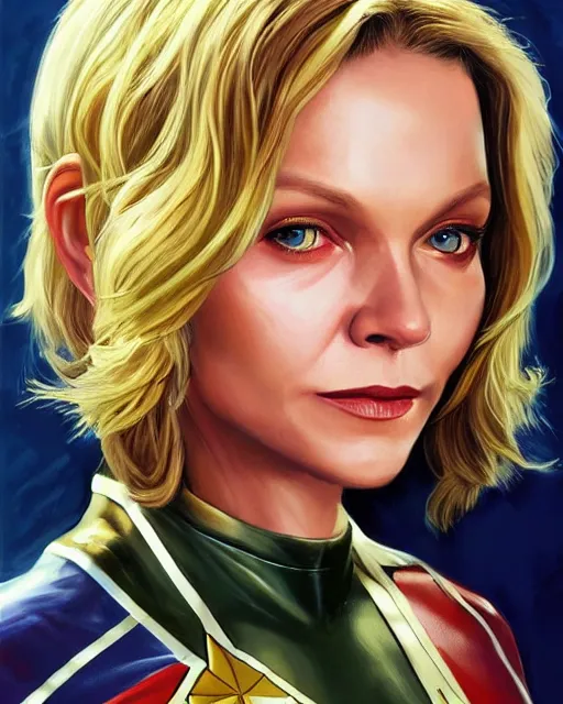 Prompt: hyper realistic painting of young michelle pfeiffer in captain marvel suit, hyper detailed, by clay mann, trending on artstation