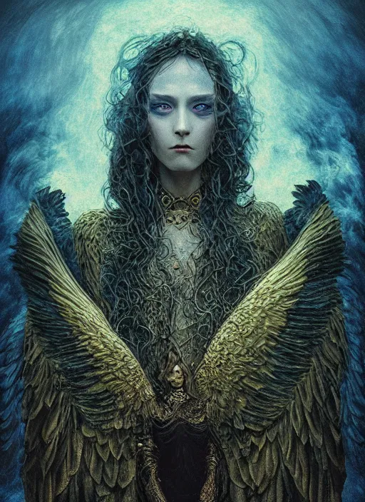 Prompt: Her huge ominous glowing blue eyes staring into my soul , perfect eyes, agostino arrivabene, WLOP, Tomasz strzalkowski, twisted dark lucid dream, 8k portrait render, raven angel wings, swirling thick smoke , beautiful lighting, dark fantasy art, rococo, gold filigree, cgsociety