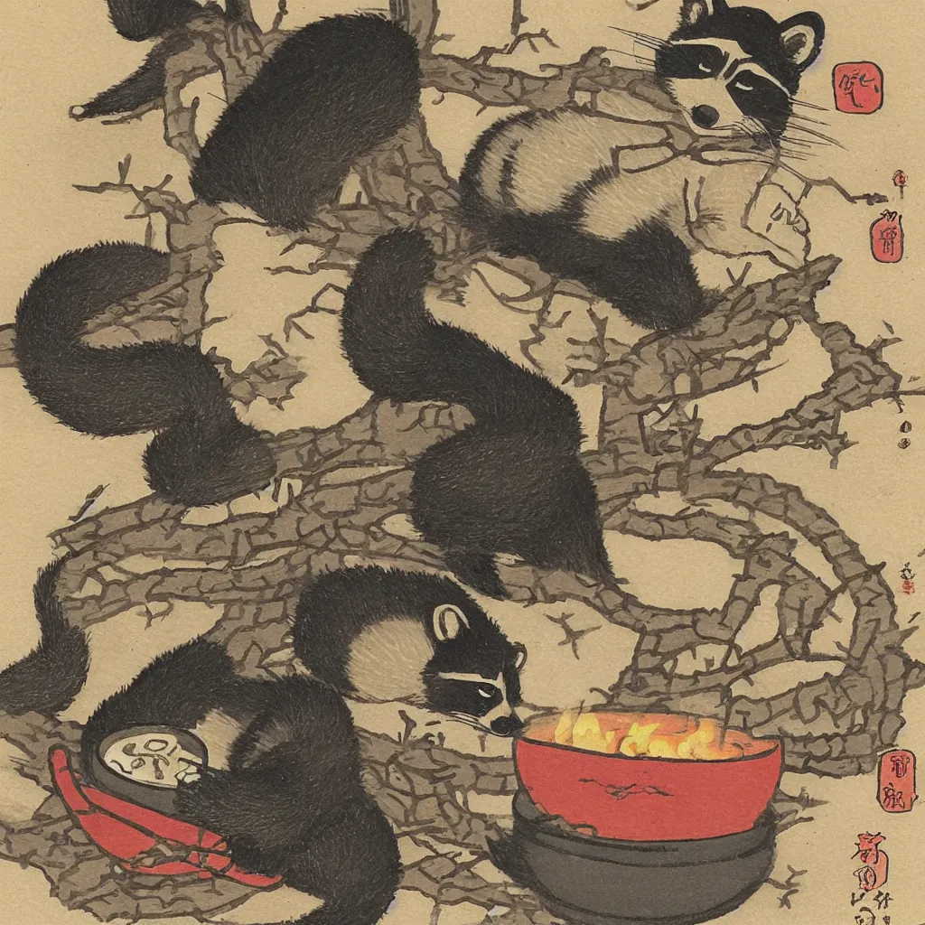 Image similar to little raccoon sitting by a cozy fireplace with a cup of tea. warm color temperature. ukiyo - e,