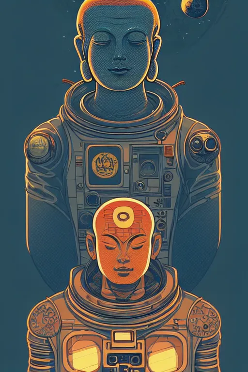 Prompt: protrait cyborg astronaut buddha meditating illustration, golden ratio, post grunge portrait, concept art by josan gonzalez, james jean, Mike Mignola, Laurie Greasley, highly detailed, sharp focus, alien, Artstation, deviantart, artgem