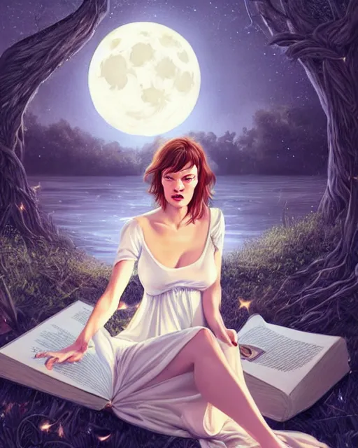 Prompt: milla jovovich in white nightgown reading a book by the river, face by otto schmidt, a full moon on the horizon, dark starry sky, dreamy fantasy ambience with golden orbs and fireflies, detailed gothic illustration bright moon light, by charlie bowater