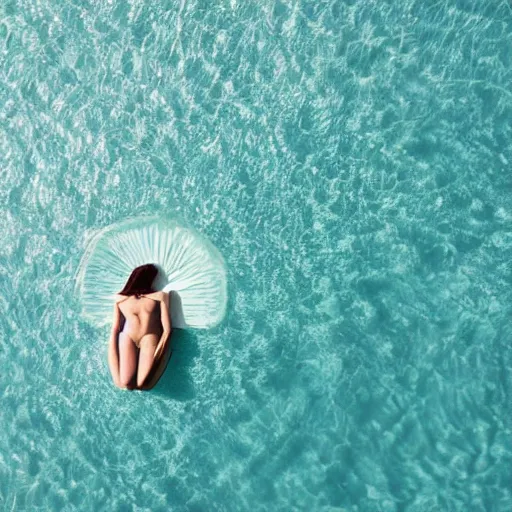 Prompt: a woman sleeping in a bed that is floating in the ocean