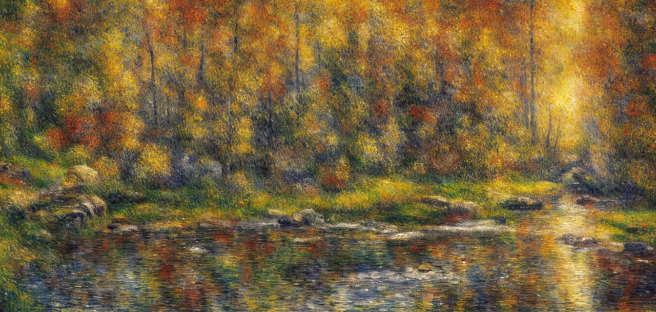 Image similar to a painting of sparse stone cottages underneath a dense forest, with a cascading river and pristine reflect. gorgeous, elegant, sophisticated, an ultrafine painting, intricate brused strokes, bright depth oil colors, by renoir and araken alcantara, mist diffuse promiseful illumination, autumn sunrise warm light, detailed and intricate environment of hopeful bodyscapes